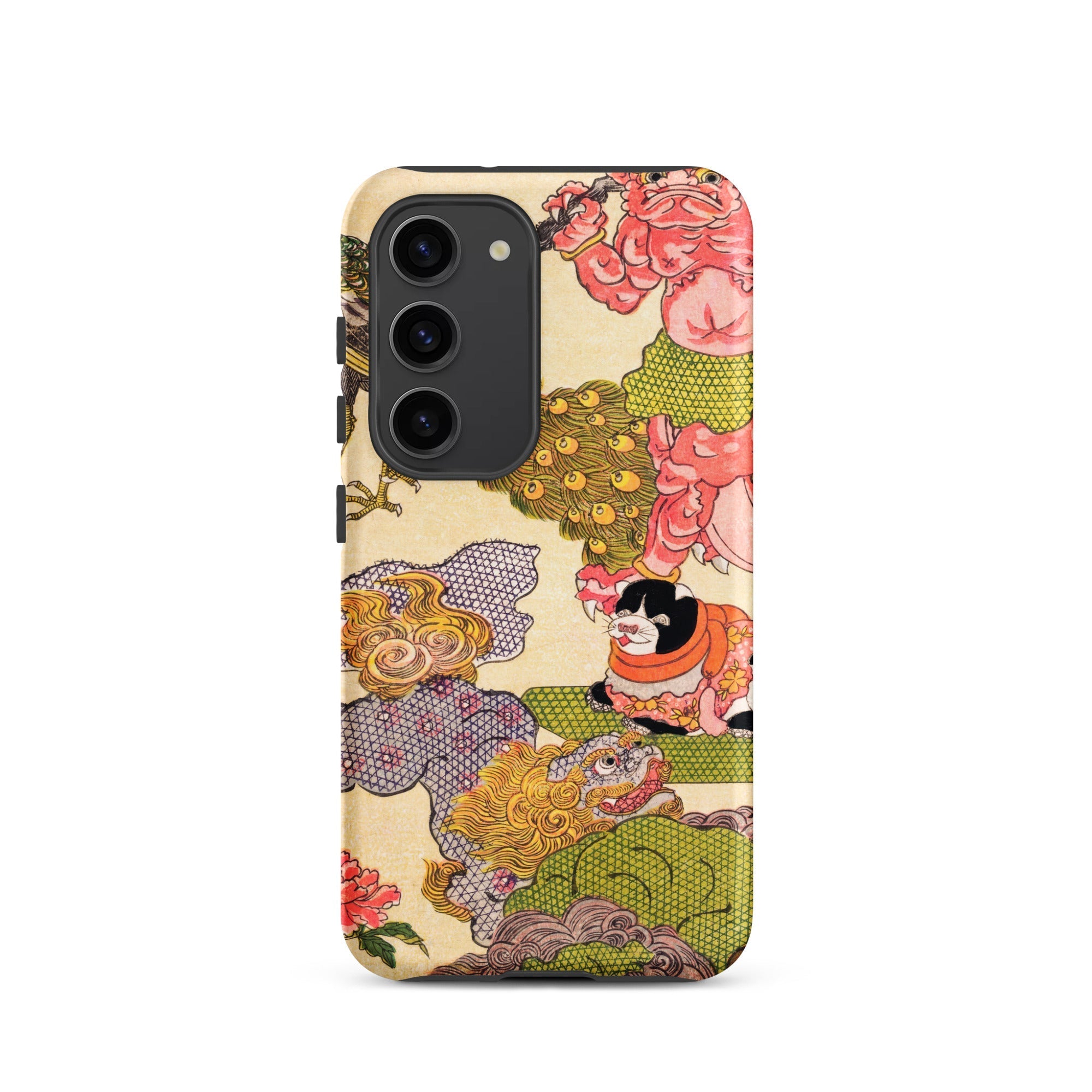 Oni Peacock Cat and Shishi Utagawa Kunisada Samsung Case, Galaxy S23 / Matte, Smartphone Case Colorful Ornate Asian Inspired Design