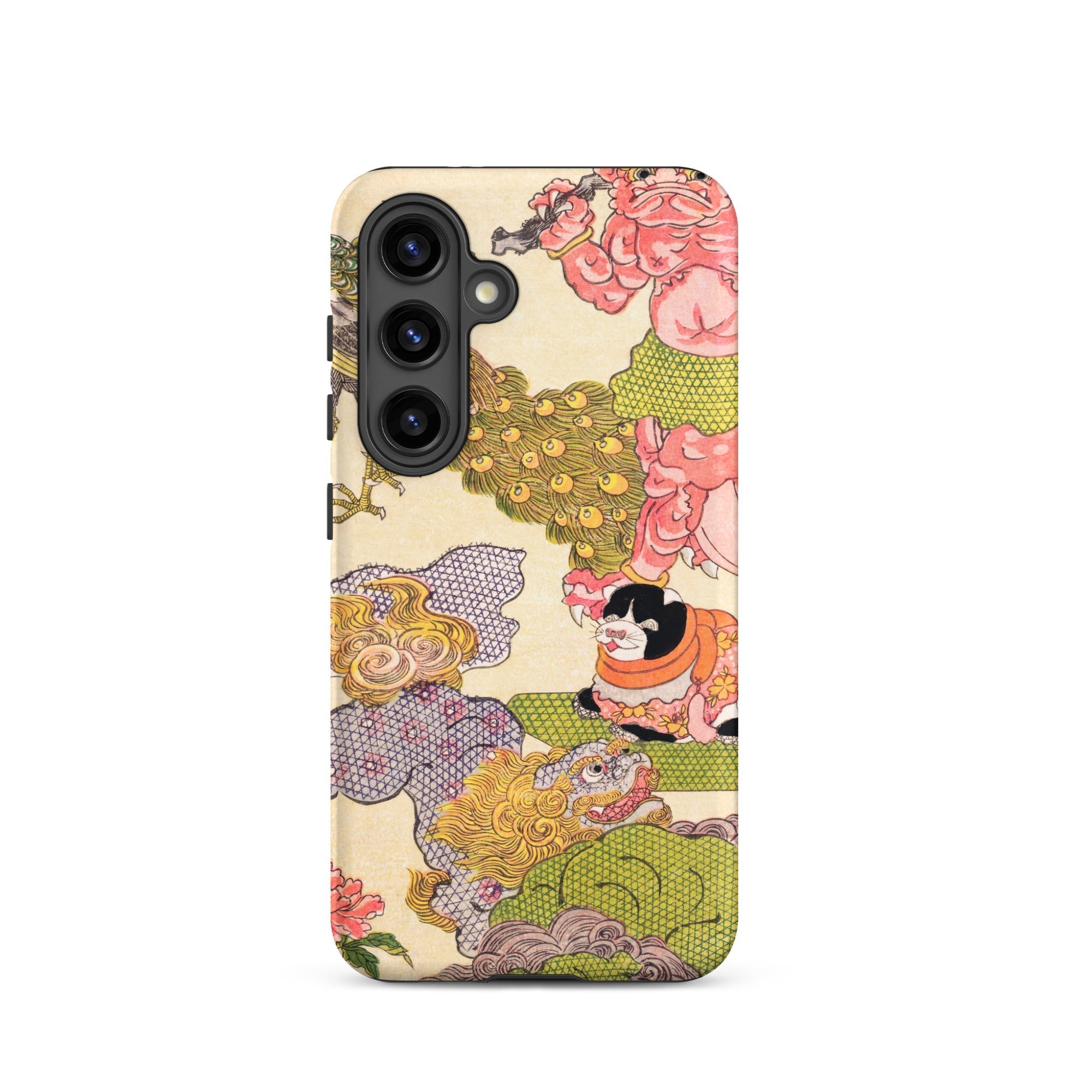 Oni Peacock Cat and Shishi Utagawa Kunisada Samsung Case, Galaxy S24 / Matte, Smartphone Case Colorful Ornate Design Mythical Creatures