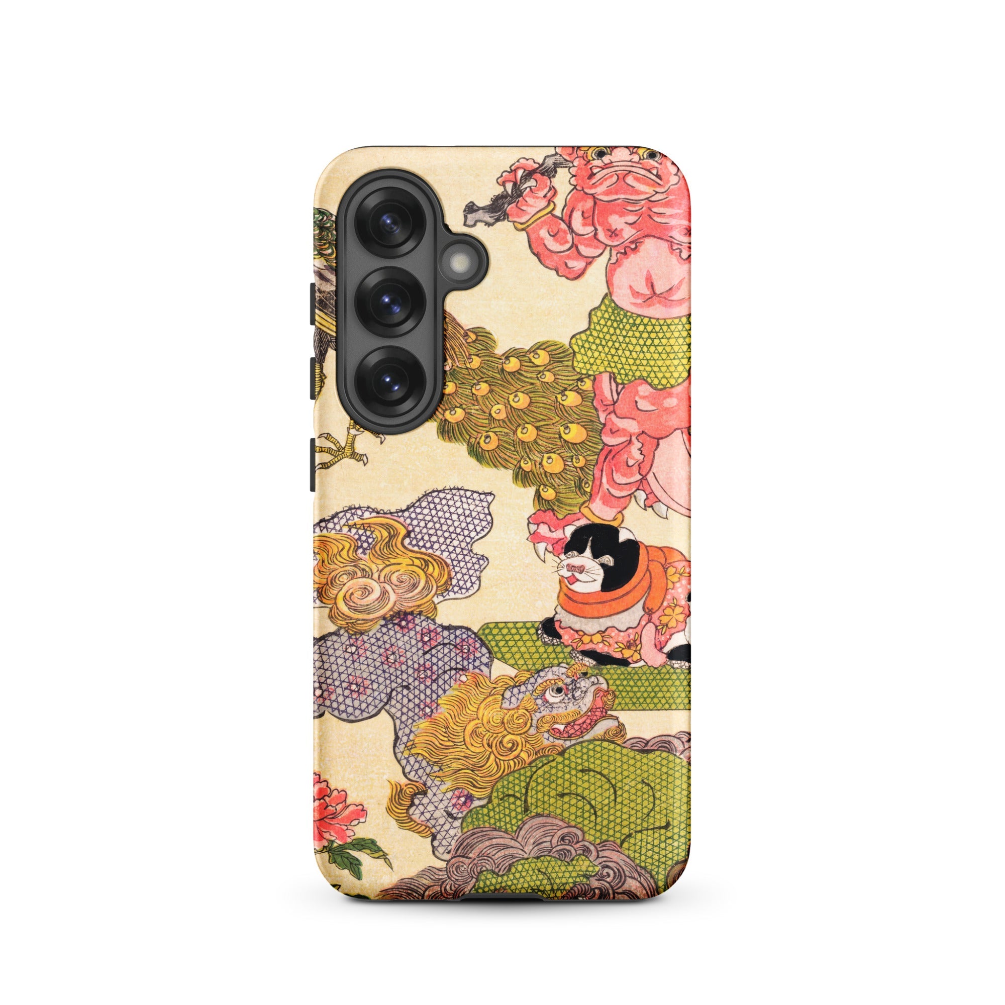 Oni Peacock Cat and Shishi Utagawa Kunisada Samsung Case, Galaxy S25 / Matte, Phone Case Colorful Ornate Japanese Style Illustration