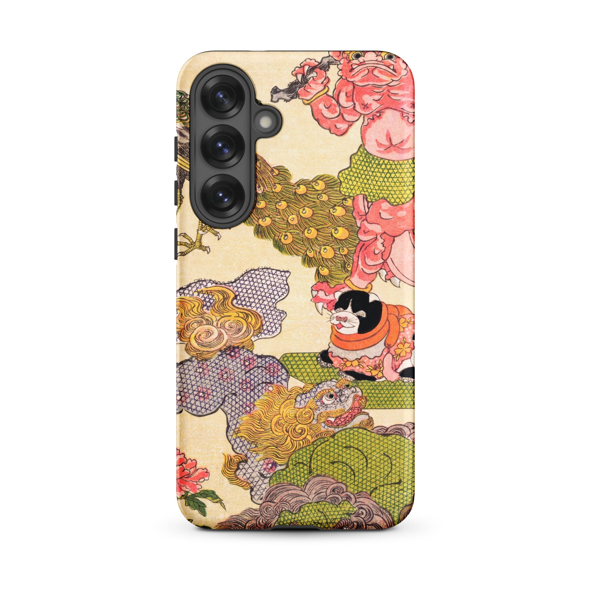 Oni Peacock Cat and Shishi Utagawa Kunisada Samsung Case, Galaxy S25 Plus / Matte, Smartphone Case Colorful Ornate Design Mythical