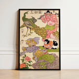 Framed Japanese Ukiyo-e Style Print Vibrant Pink Muscular Utagawa Kunisada Art, Absurd Ballet Unfolds, Oni Peacock Shishi