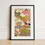 Oni Peacock Shishi Cat and Insect - Utagawa Kunisada Art Print / Canvas Framed Japanese Ukiyo-e Print Vibrant Stylized Pink Ogre Utagawa
