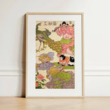Oni Peacock Shishi Cat and Insect - Utagawa Kunisada Art Print / Canvas Framed Japanese Ukiyo-e Print Vibrant Stylized Pink Ogre Utagawa