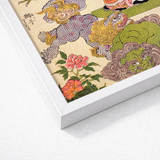Framed Japanese Ukiyo-e Print Vibrant Stylized Mythical Creatures Utagawa Kunisada Art, Absurd Ballet Unfolds, Oni Peacock Shishi