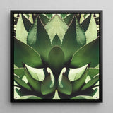 Open Wide - Agave Plant Op Art Framed Canvas, 12x12’’ / 31x31cm / Black Floating Frame, Symmetrical Close-up Agave Plant’s Spiky Green