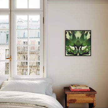 Open Wide - Agave Plant Op Art Framed Canvas, Bedroom Window Wooden Nightstand Green Botanical Artwork Wall