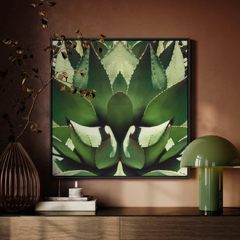 Open Wide - Agave Plant Op Art Framed Canvas, Framed Close-up Photograph Green Succulent Plant Symmetrical Leaves