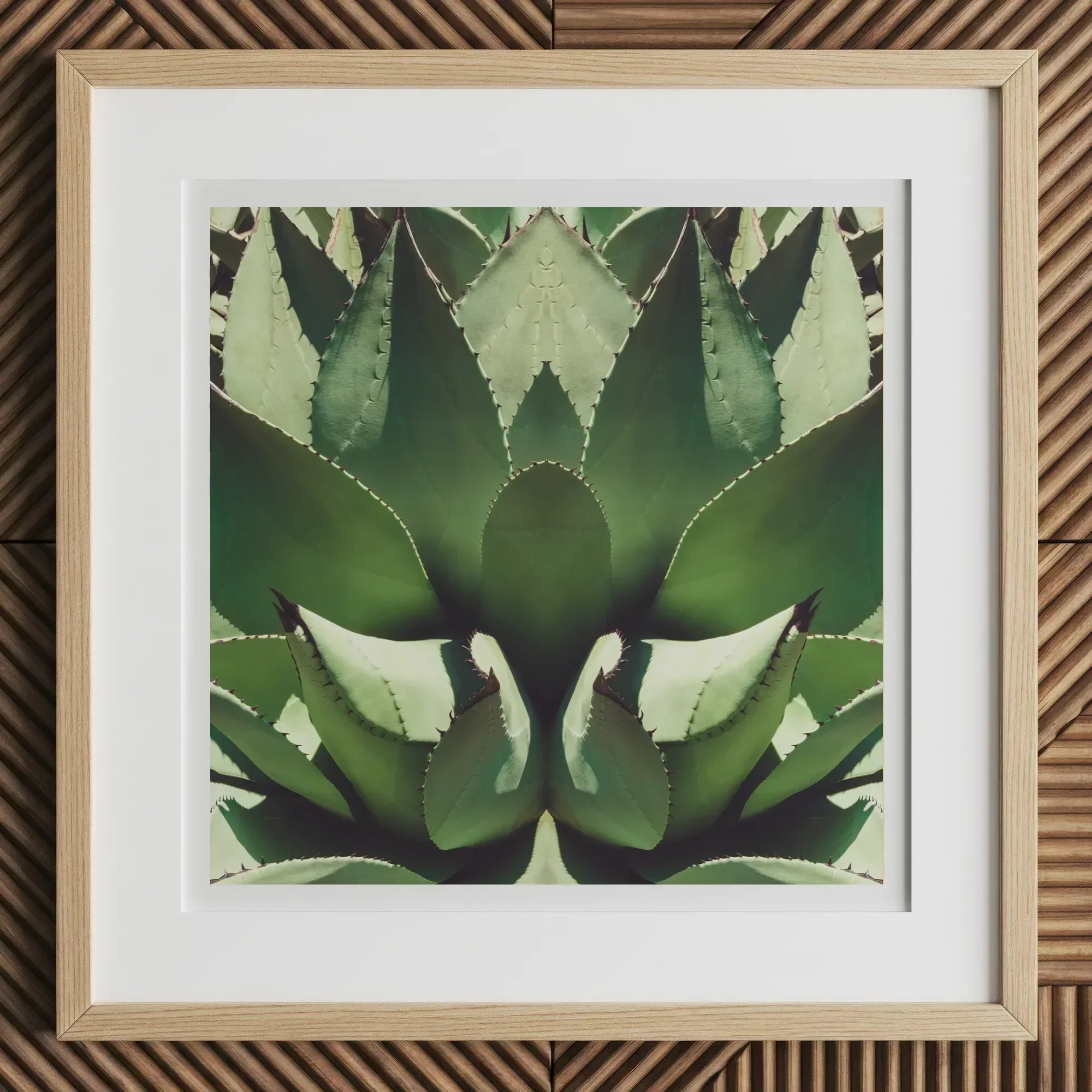 Open Wide - Succulent Agave Op Art Print, 12x12’’ / 31x31cm / Natural Frame / 2’’ Matboard, Framed Abstract Agave Plant Artwork White Mat