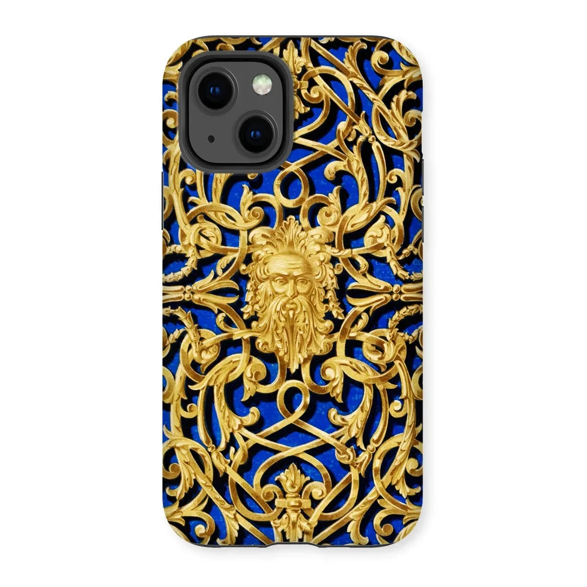 Open-work Panel - Matthew Digby Wyatt Iphone Case, 13 / Matte, Ornate Gold-patterned Phone Case Blue Background Intricate Filigree