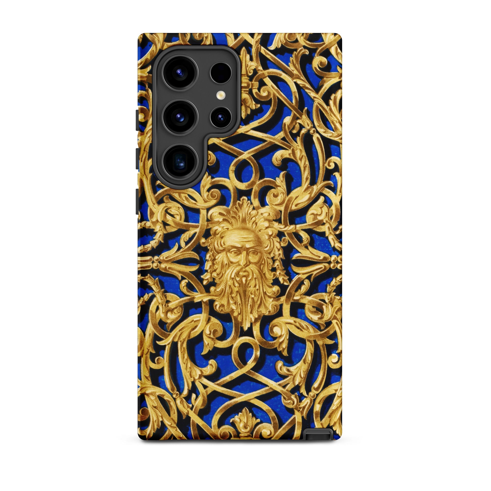 Open Work Panel Matthew Digby Wyatt Samsung Case, Galaxy S24 Ultra / Matte, Black Smartphone Case Blue Background Intricate Gold Filigree