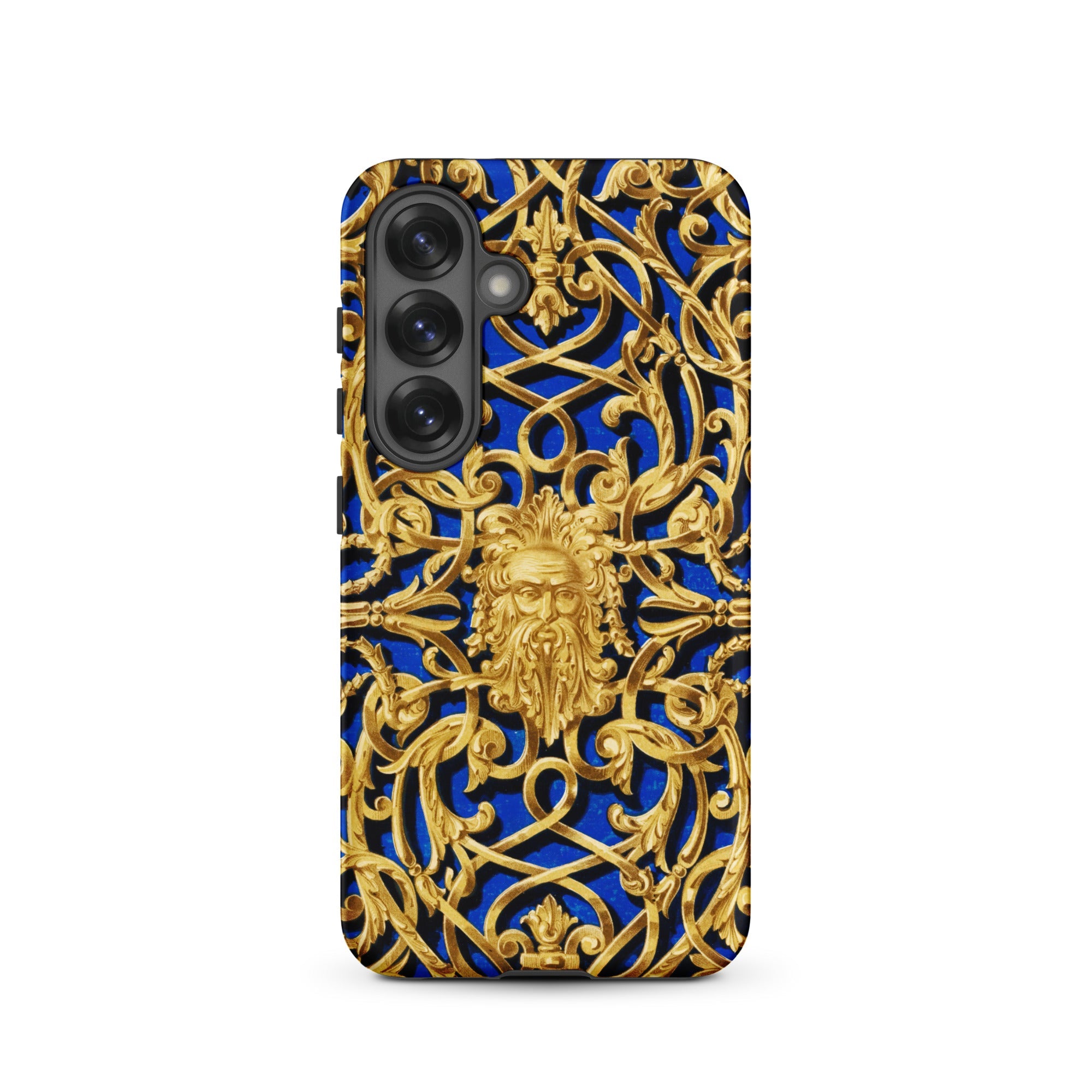 Open Work Panel Matthew Digby Wyatt Samsung Case, Galaxy S25 / Matte, Smartphone Case Intricate Gold Baroque Pattern Blue Background