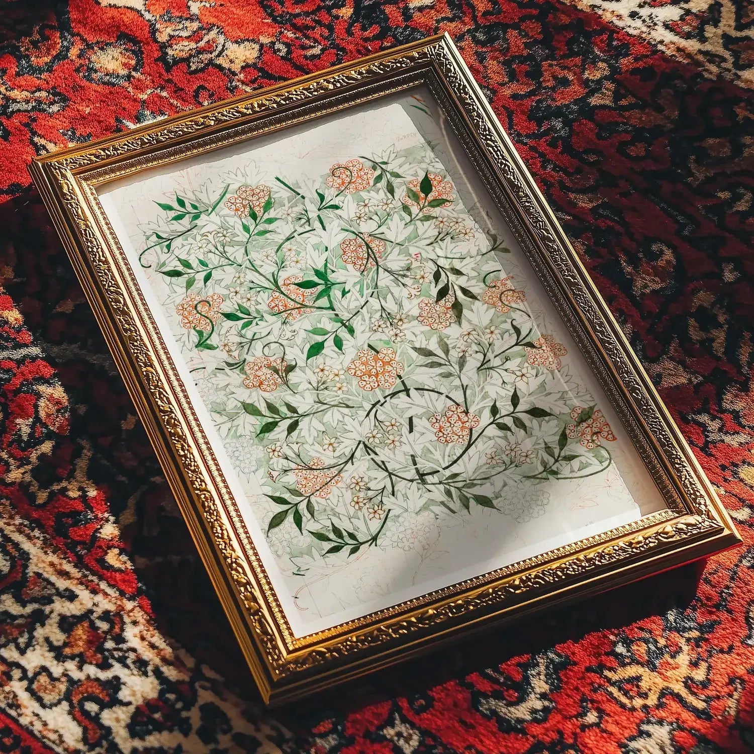 Ornate william morris floral pattern textile art print with green leaves and peach flowers