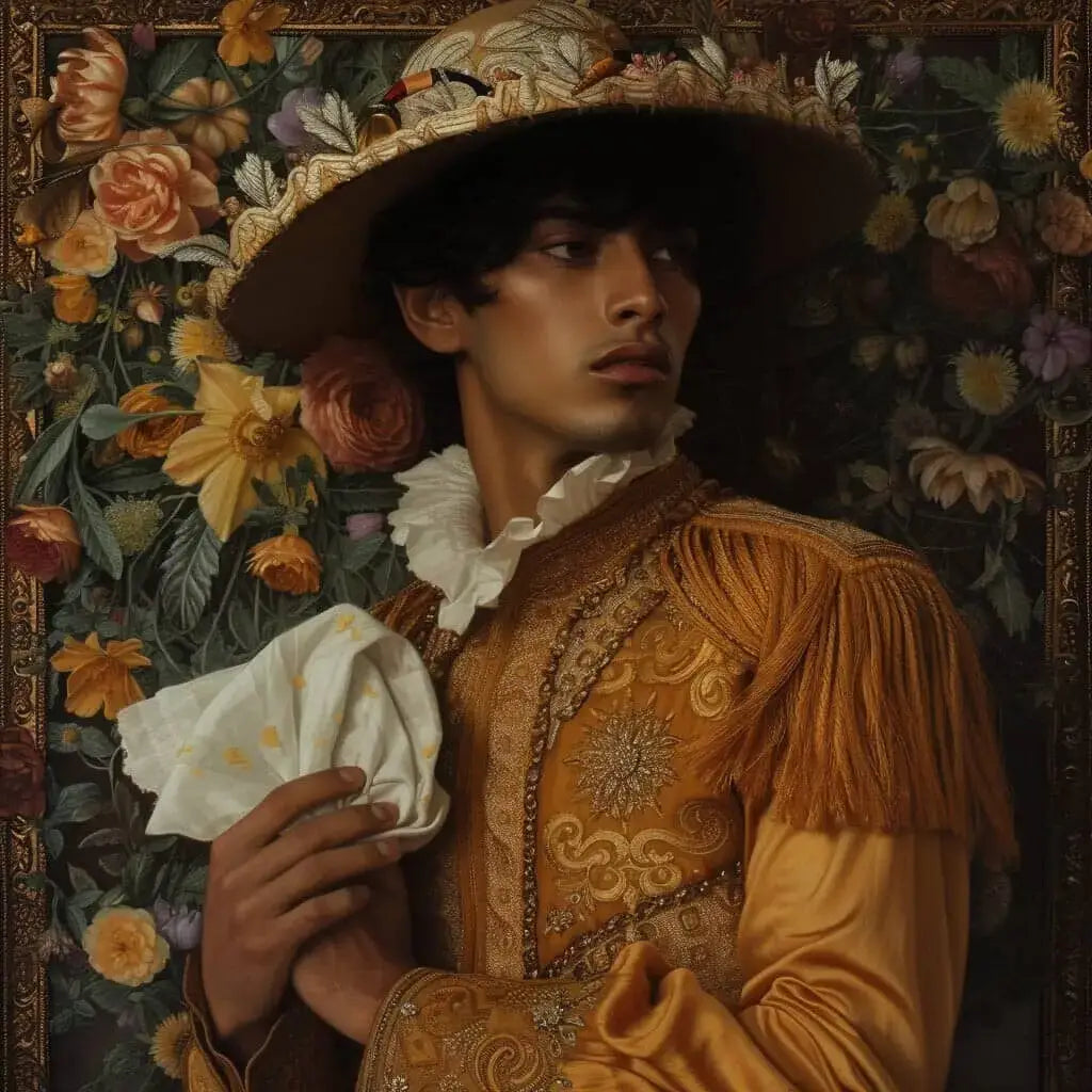 Ornate golden Renaissance portrait showcasing the Green Carnation symbol associated with Oscar Wilde