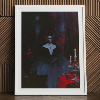 Orpheus gay vampire art print in white frame, gothic artwork