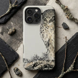 Owl and Fir Tree - Numata Kashu Kachō-e Phone Case Detailed Black White Illustrated Owl Design Adorns Sleek Numata Kashu, Nocturnal