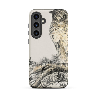 Owl and Fir Tree - Numata Kashu Kachō-e Phone Case Samsung Galaxy S24 Plus / Matte Black White Illustrated Owl Perched Branch Printed Sleek