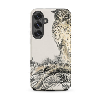 Owl and Fir Tree - Numata Kashu Kachō-e Phone Case Samsung Galaxy S25 Plus / Matte Black White Illustrated Owl Perched Branch Printed Sleek