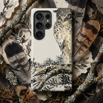 Owl and Fir Tree - Numata Kashu Kachō-e Phone Case White Phone Case Detailed Black-and-white Illustration Owl Perched Numata Kashu,