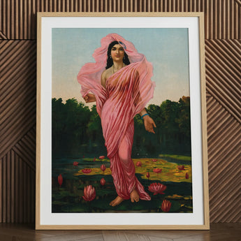 Padmini the Lotus Lady - Raja Ravi Varma Art Print / Canvas Framed Artwork Woman Pink Fabric Among Lotus Flowers Ravi Varma, Raja Ravi,