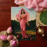 Padmini the Lotus Lady - Raja Ravi Varma Art Print / Canvas Rectangular Woman Pink Fabric Among Flowers, Sanskrit Erotology Classified,