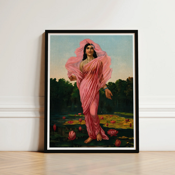 Framed Painting Woman Pink Fabric Among Lotus Flowers Ravi Varma, Raja, Sanskrit Erotology Classified, Women, Padmini Sat Highest, Academic