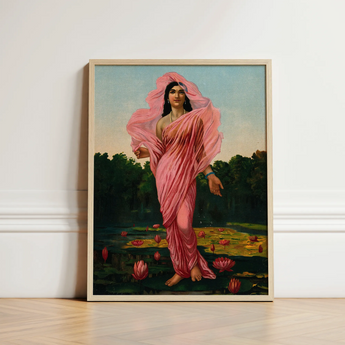 Framed Painting Woman Pink Fabric Among Lotus Flowers Ravi Varma, Raja, Sanskrit Erotology Classified, Women, Padmini Sat Highest, Academic