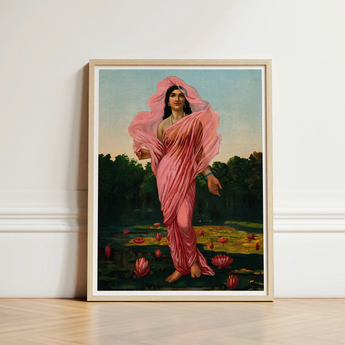 Framed Painting Woman Pink Fabric Among Lotus Flowers Ravi Varma, Raja, Sanskrit Erotology Classified, Women, Padmini Sat Highest, Academic