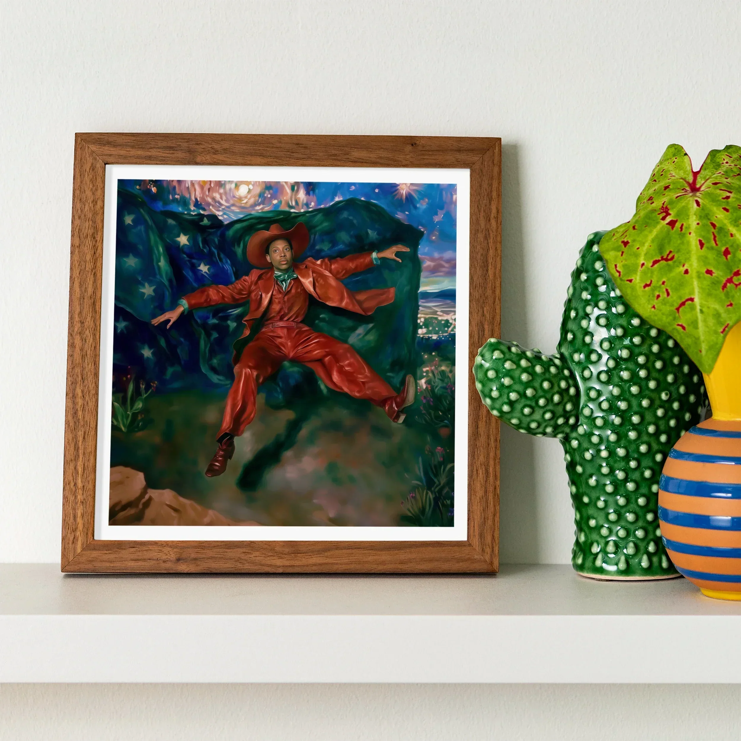 Paint the Town - Gay Country Music Star Art Print, Framed Painting Figure Red Outfit Colorful Background