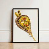 Painted Bellows - Ella Josephine Sterling Folk Art Print / Canvas Framed Illustration Yellow Brown Ornate Tobacco Pouch Floral, Whimsical