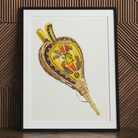 Painted Bellows Ella Josephine Sterling Folk Art Print, Framed Artwork Decorative Yellow Gold Bellows Floral Designs