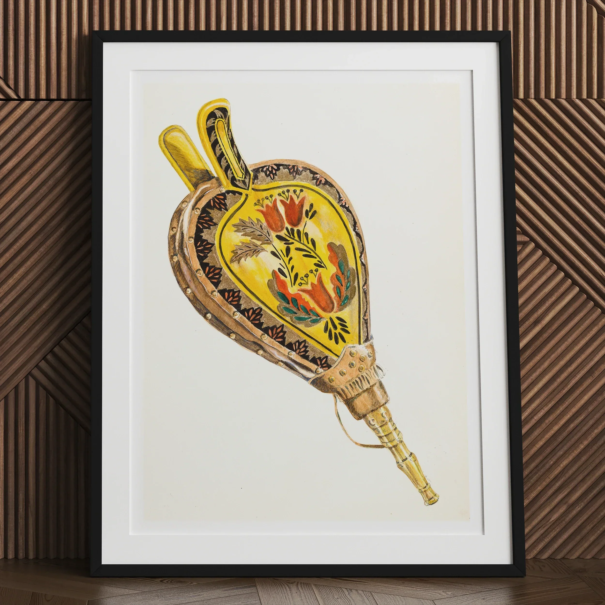 Painted Bellows Ella Josephine Sterling Folk Art Print, Framed Artwork Decorative Yellow Gold Bellows Floral Designs