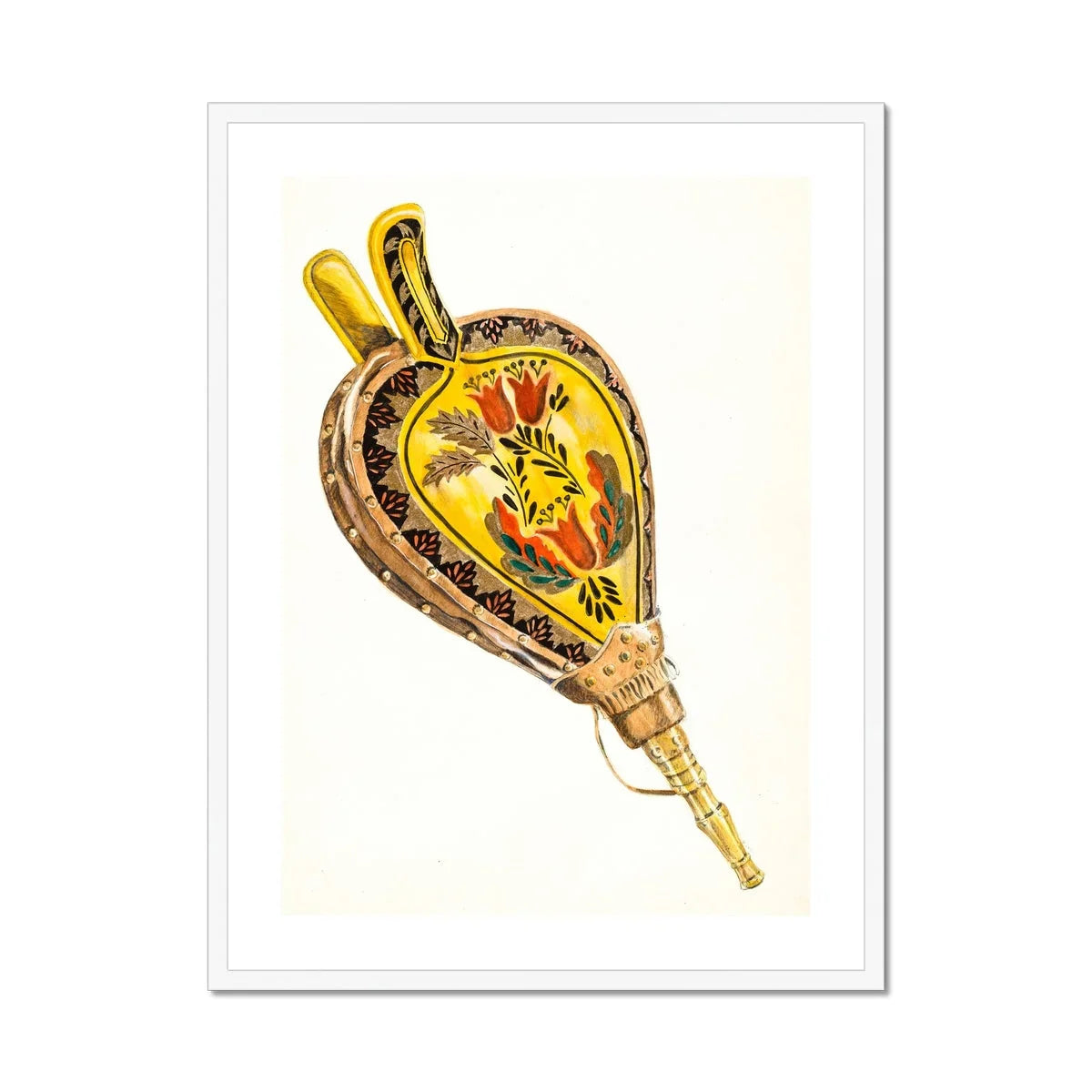 Painted Bellows Ella Josephine Sterling Folk Art Print, Ornate Golden Perfume Bottle Floral Designs Decorative Metalwork