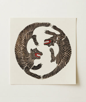 Black Red Striped Tiger Illustration Off-white Paper Art Print, Two Tigers Coil, Bodies Forming, Aged Cream, Taguchi Tomoki