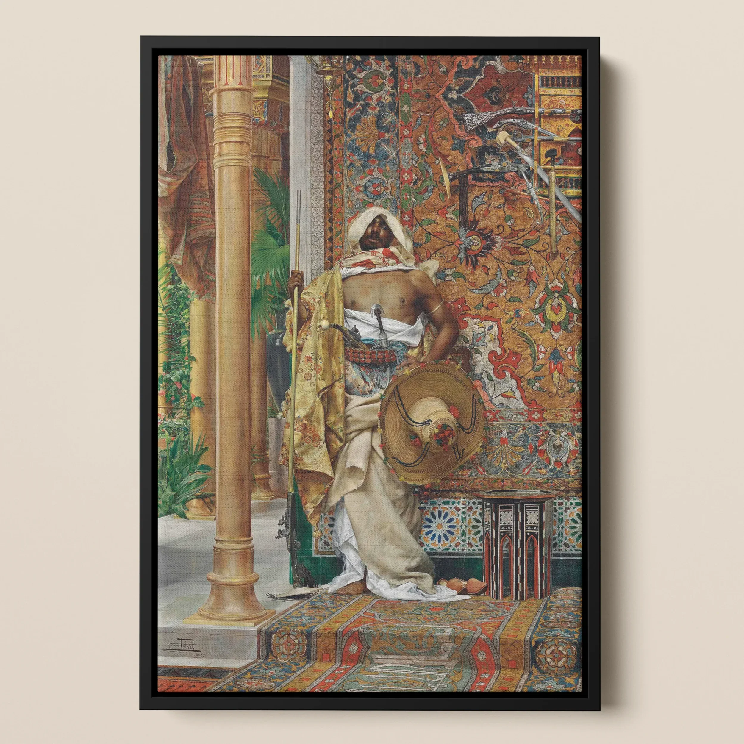 Palace Guard - Antonio Fabrés Orientalist Framed Canvas, Framed Painting Ornate Interior Scene Figure Elaborate Clothing