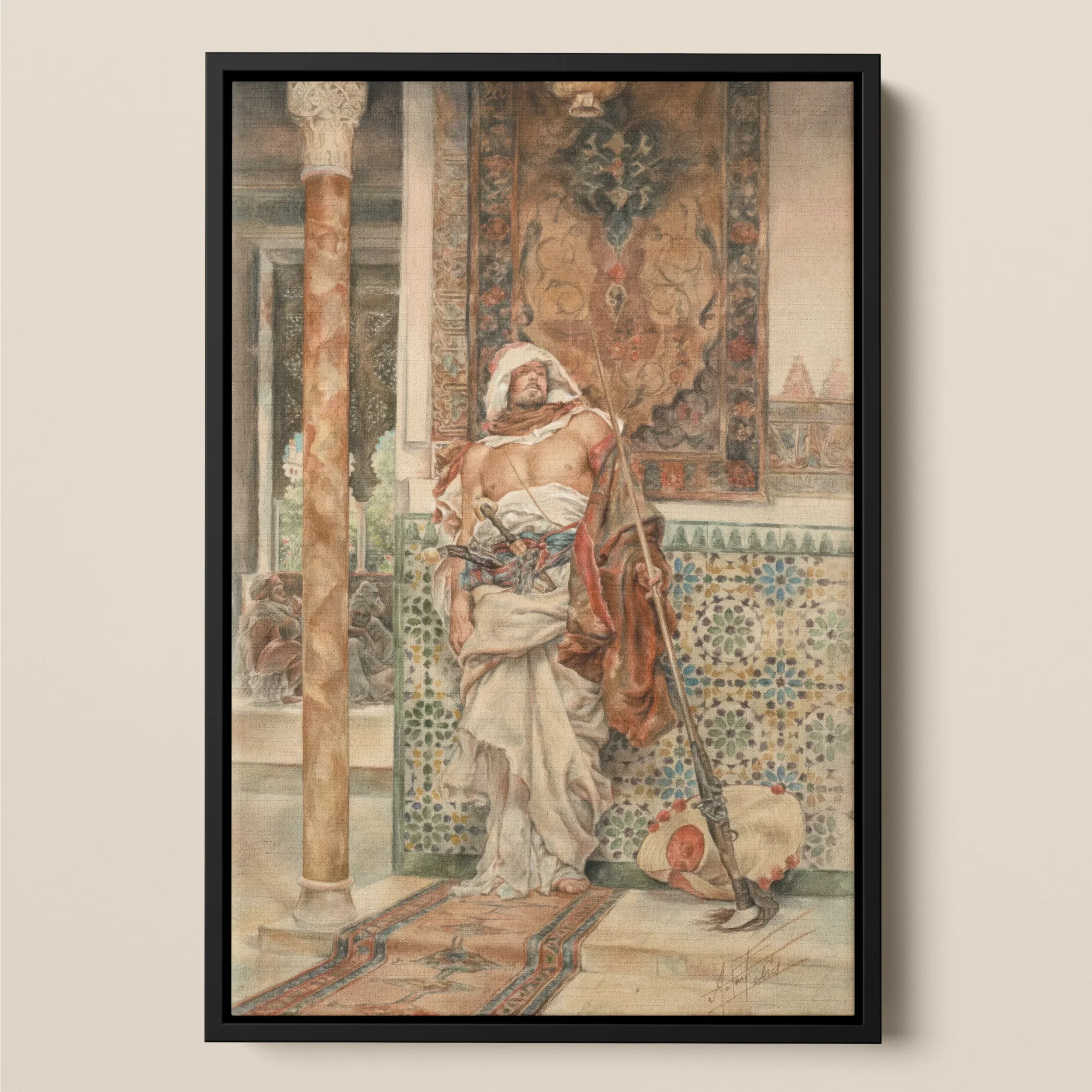 Palace Guard - Antonio Fabrés Orientalist Framed Canvas, Framed Painting Person Ornate Robes Elaborate Interior