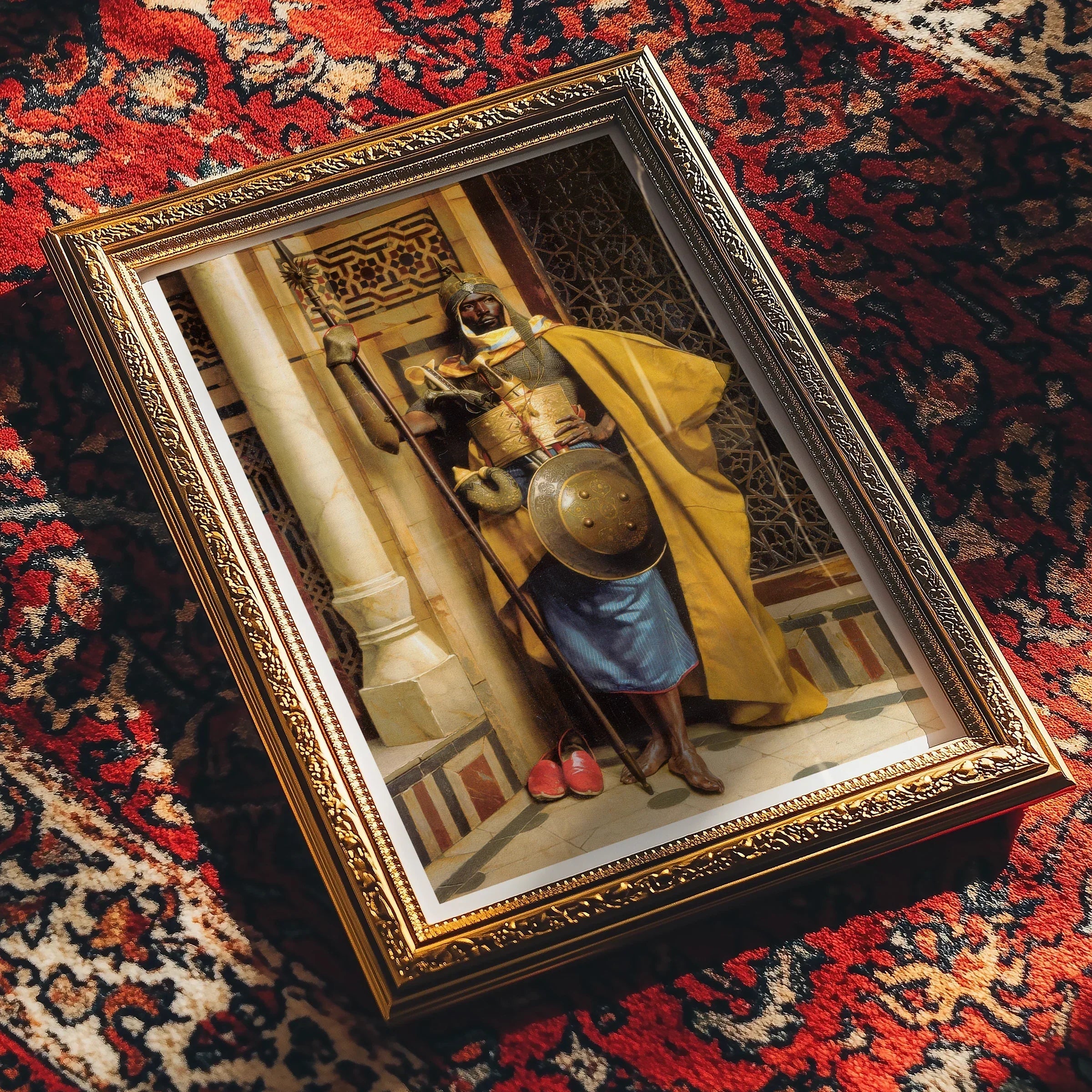 Palace Guard Ludwig Deutsch Orientalism Art Print, Framed Classical Painting Medieval Figure Yellow Blue Robes