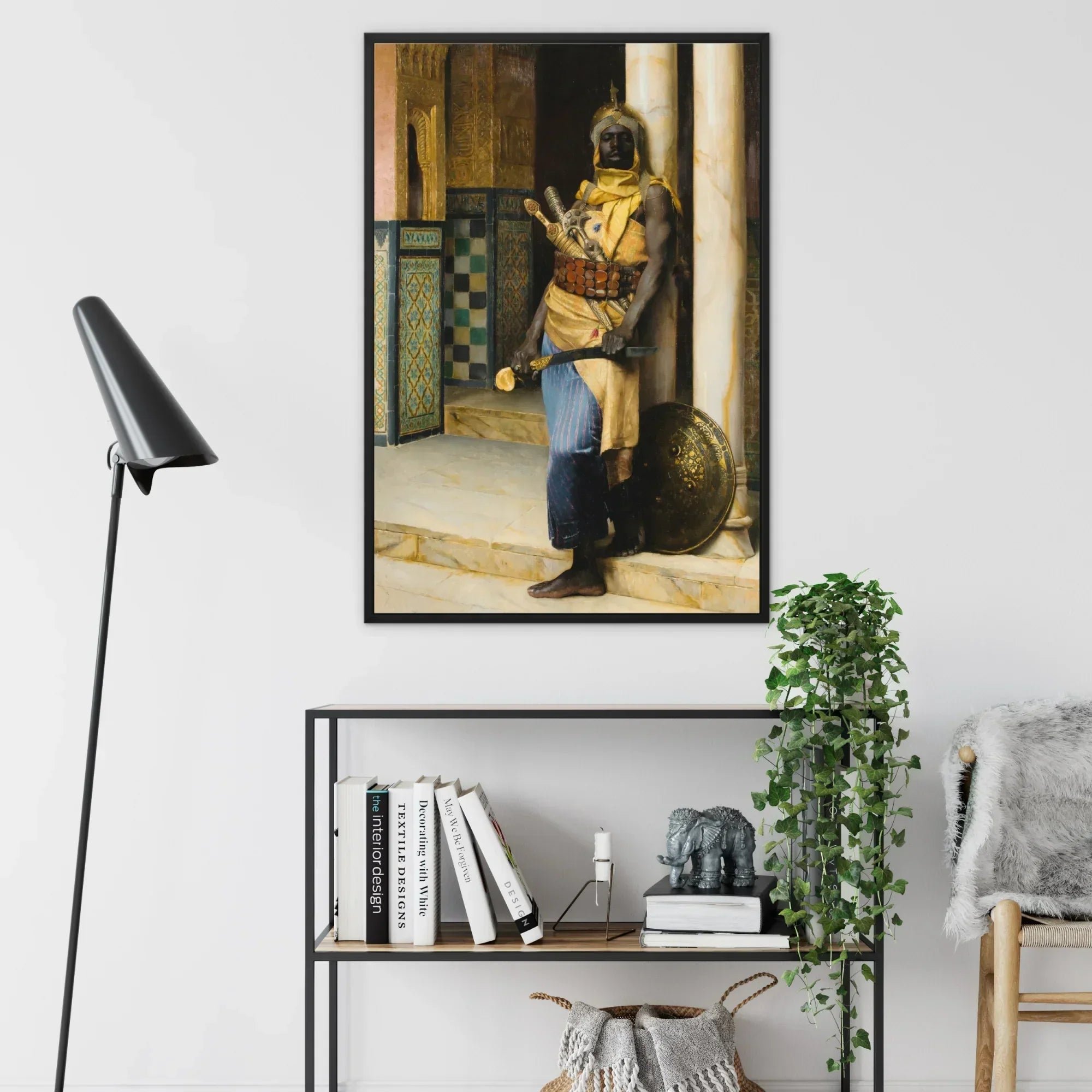 Palace Guard Ludwig Deutsch Orientalist Framed Canvas, Framed Classical Painting Musician Yellow Robes Wind Instrument