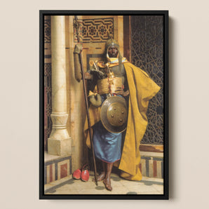 Palace Guard Ludwig Deutsch Orientalist Framed Canvas, Painting Nubian Guard Ornate Yellow Blue Attire Shield