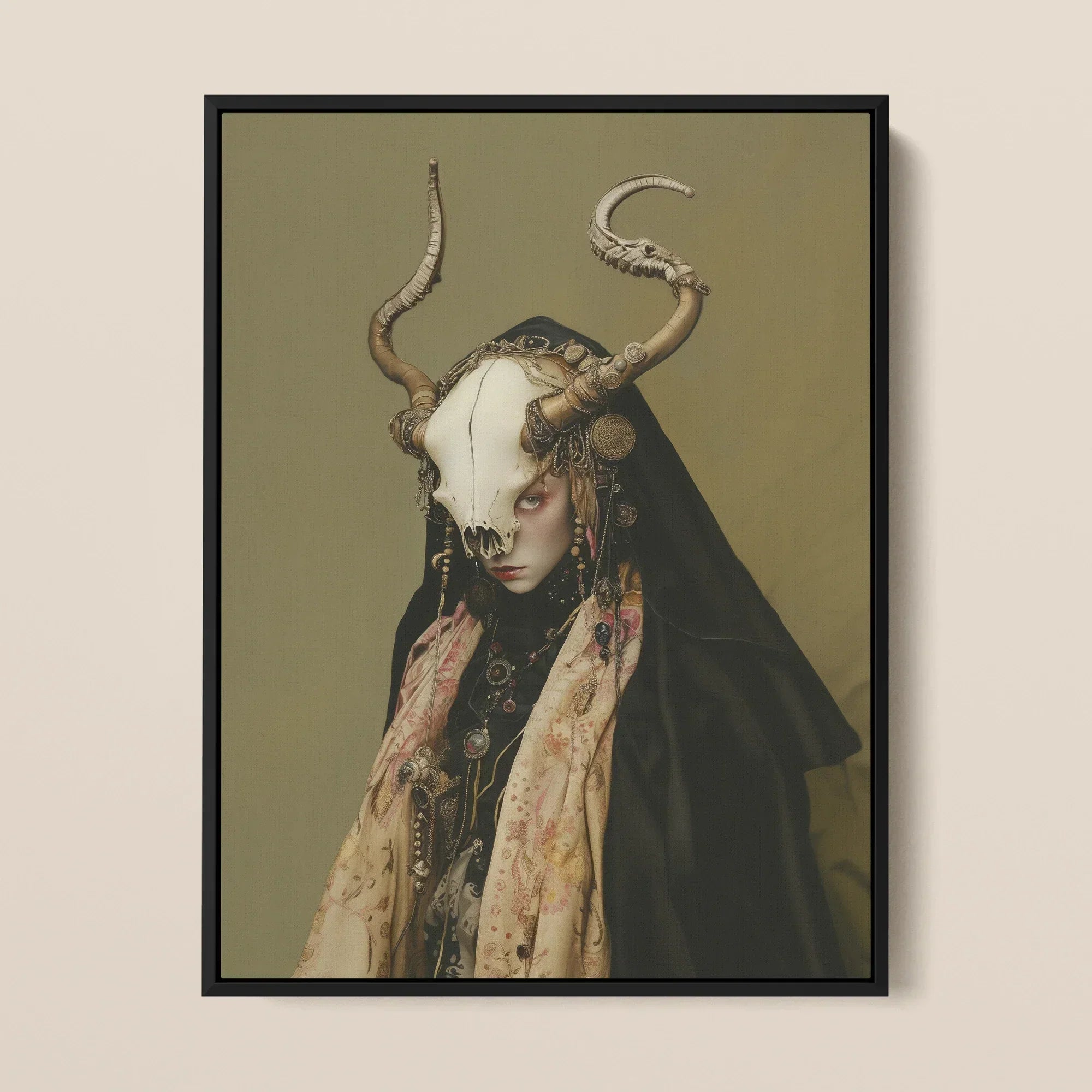 Pandora - Dark Priestess Art Framed Canvas, 12x16’’ / 31x41cm / Black Floating Frame, Framed Portrait Woman Skull Headdress