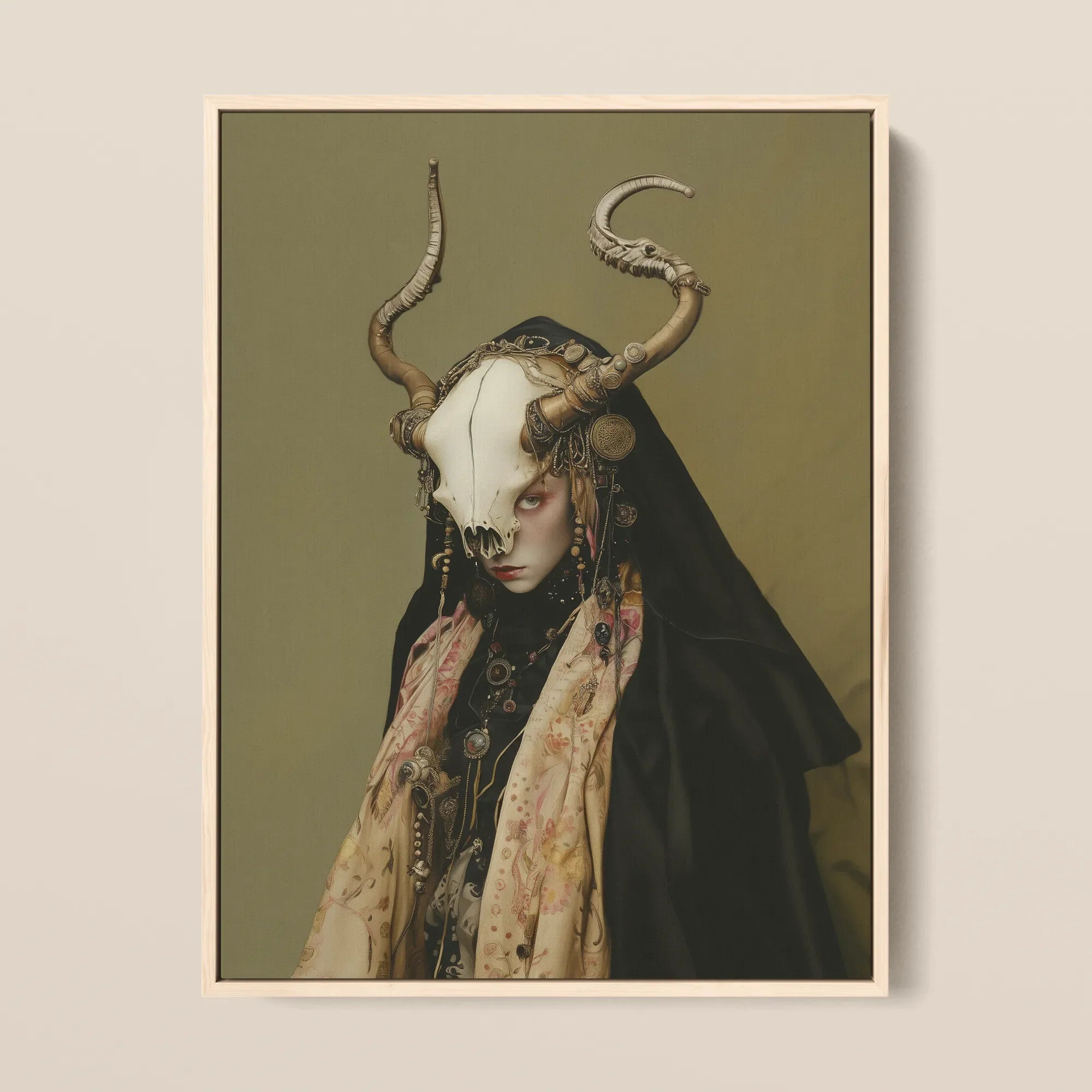 Pandora - Dark Priestess Art Framed Canvas, 12x16’’ / 31x41cm / Natural Floating Frame, Framed Oil Painting Woman Horned Skull Mask Dark