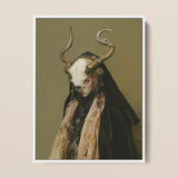 Pandora - Dark Priestess Art Framed Canvas, 12x16’’ / 31x41cm / White Floating Frame, Framed Artistic Print Person Horned Animal Skull Mask