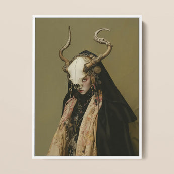 Pandora - Dark Priestess Art Framed Canvas, 12x16’’ / 31x41cm / White Floating Frame, Framed Artistic Print Person Horned Animal Skull Mask