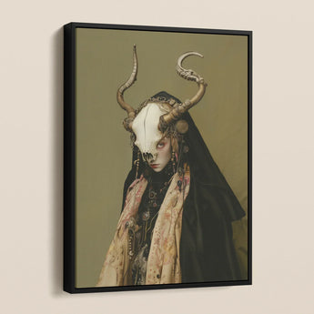 Pandora - Dark Priestess Art Framed Canvas, Framed Painting Woman Horned Skull Mask Dark Cloak