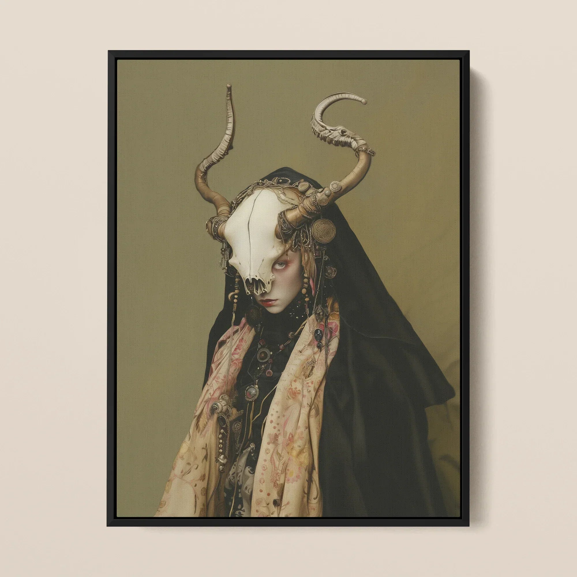 Pandora - Dark Priestess Art Framed Canvas, Framed Portrait Woman Skull Headdress