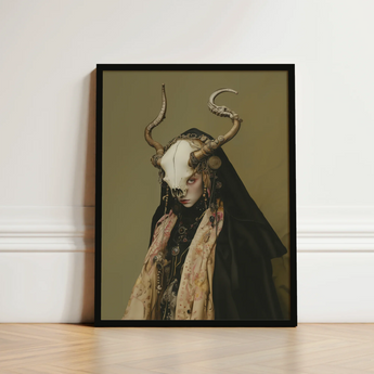 Black-framed Artwork Figure Ornate Dark Attire Prominent Bone-like Priestess Art, Skull Mask Locked, Specter Torn