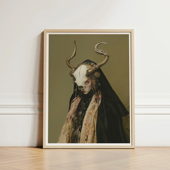 Framed Art Print Figure Dark Attire Adorned Ornate Priestess, Skull Mask Locked, Specter Torn