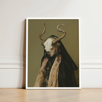 Framed Artwork Portrait Figure Adorned Ornate Bone-like Skull Dark Priestess Art, Mask Locked, Specter Torn