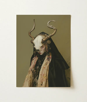 Hauntingly Artistic Poster Figure Draped Dark Fabric Adorned Priestess Art, Skull Mask Locked, Specter Torn