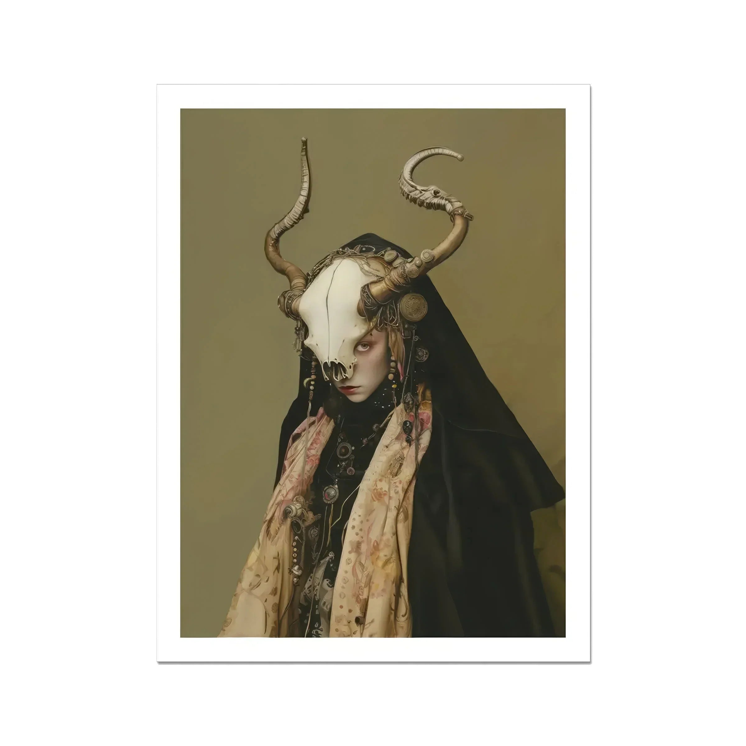 Pandora Dark Priestess Art Print, Fantastical Creature Pale Skin Horns Ornate Headdress Draped