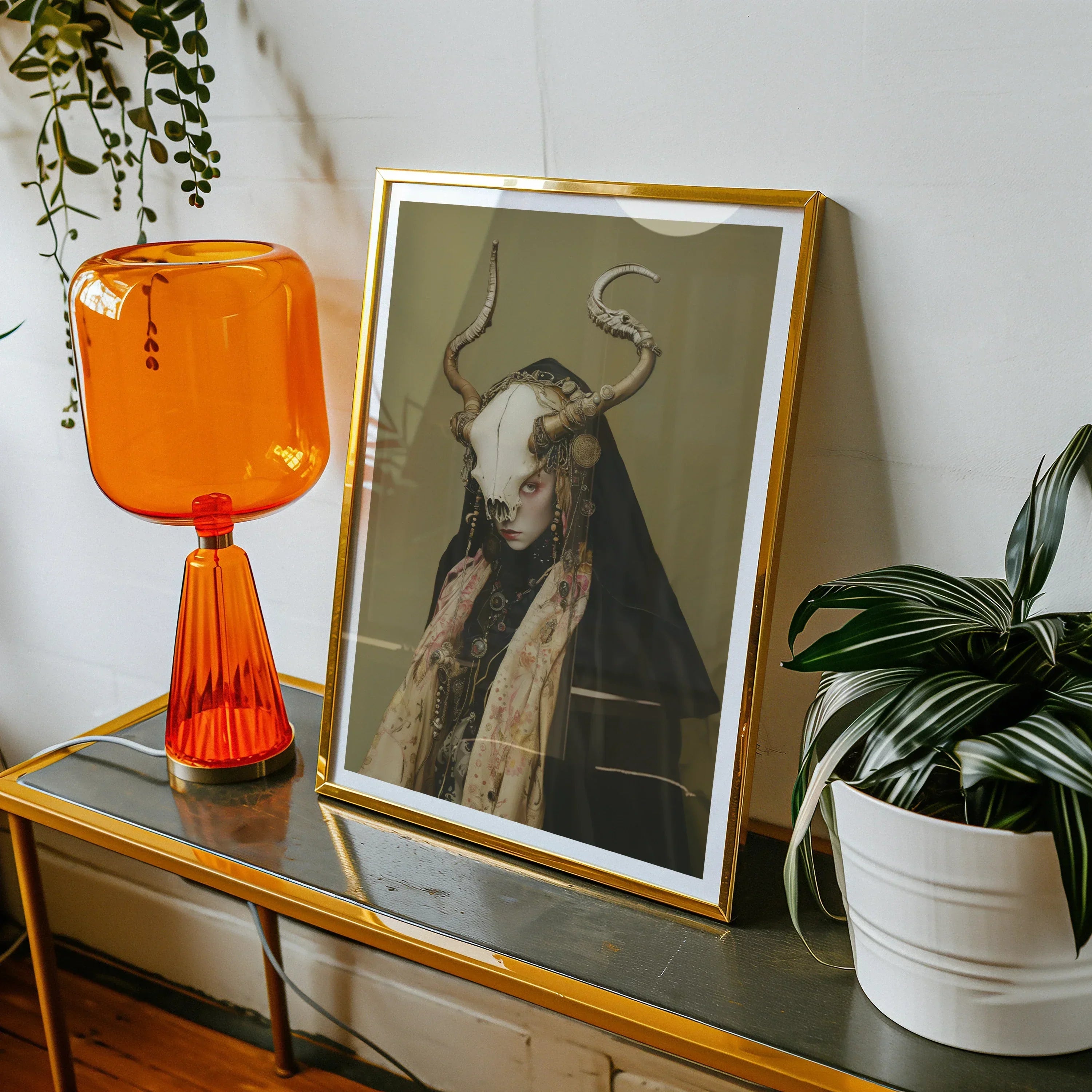 Pandora Dark Priestess Art Print, Framed Gothic Style Artwork Horned Figure Dark Tones